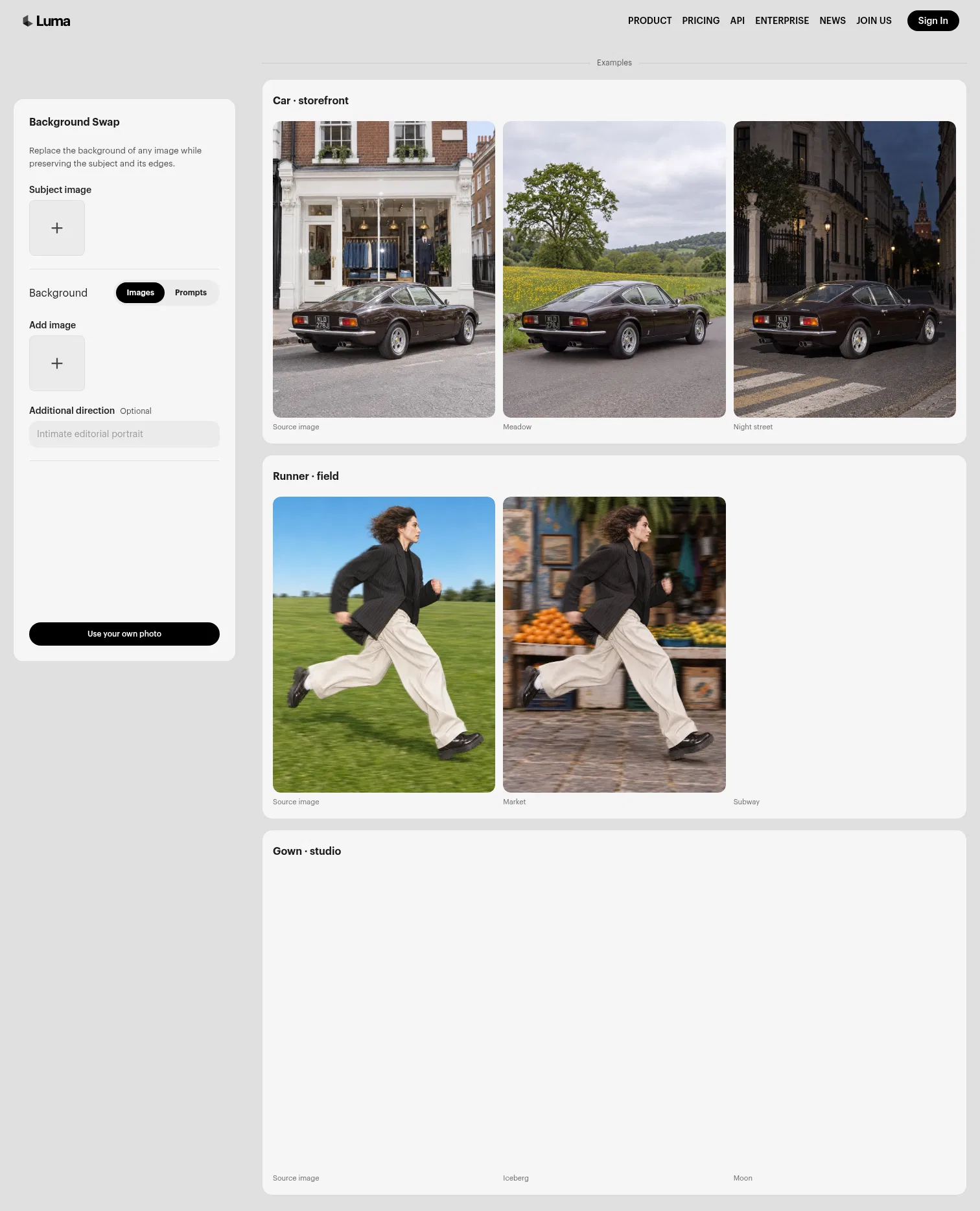 app.lumalabs.ai/solutions/background-swap on desktop, full screenshot