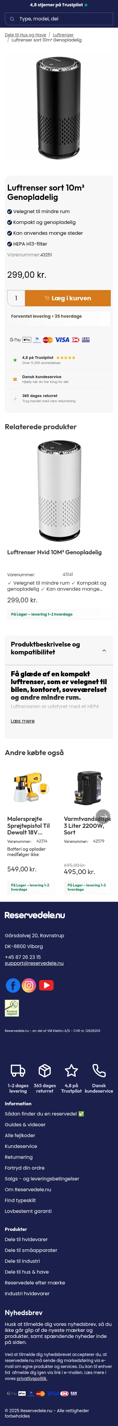 reservedele.nu/produkter/dele-til-hus-og-have/luftrenser/luftrenser-sort-10m-genopladelig~43251 on mobile, full screenshot