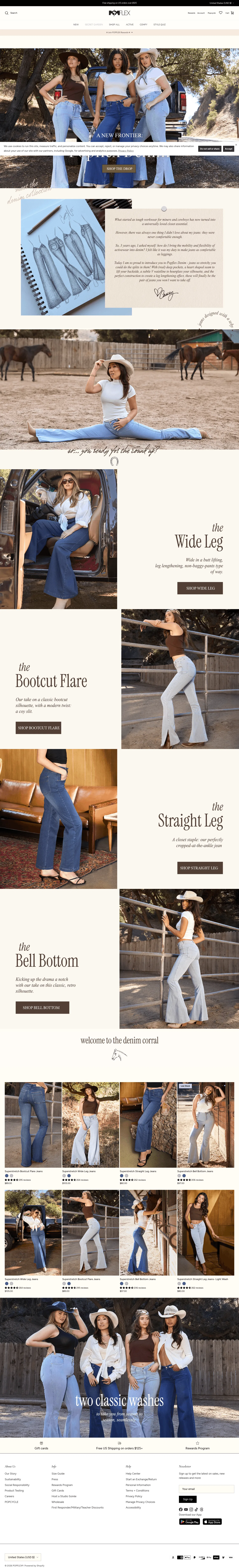 popflexactive.com/collections/denim on desktop, full screenshot