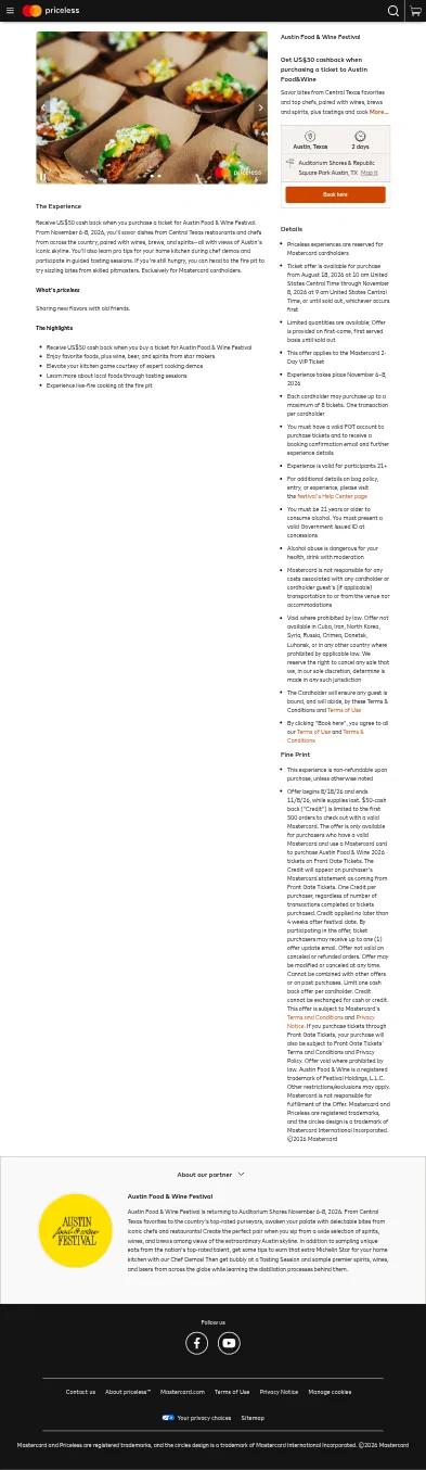 priceless.com/culinary/product/238359/2026-austin-food-and-wine-festival-ticket-credit-offer on mobile, full screenshot