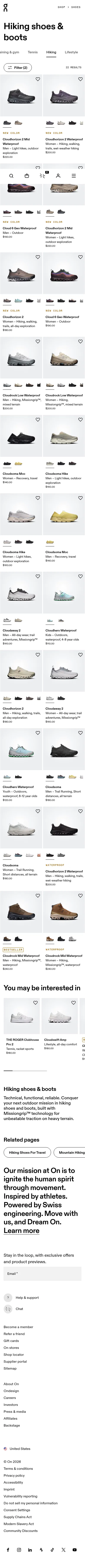 on.com/en-us/shop/shoes/hiking on mobile, full screenshot
