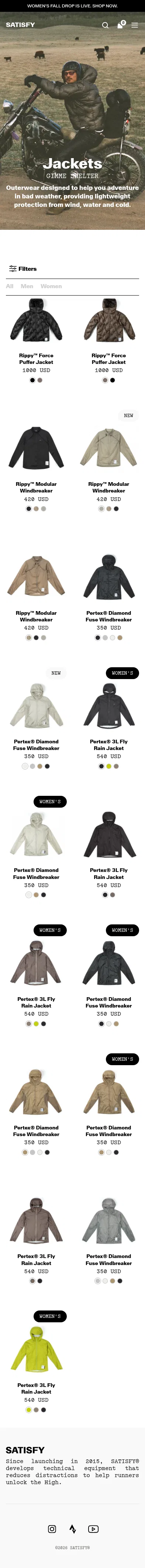 satisfyrunning.com/collections/running-jackets on mobile, full screenshot