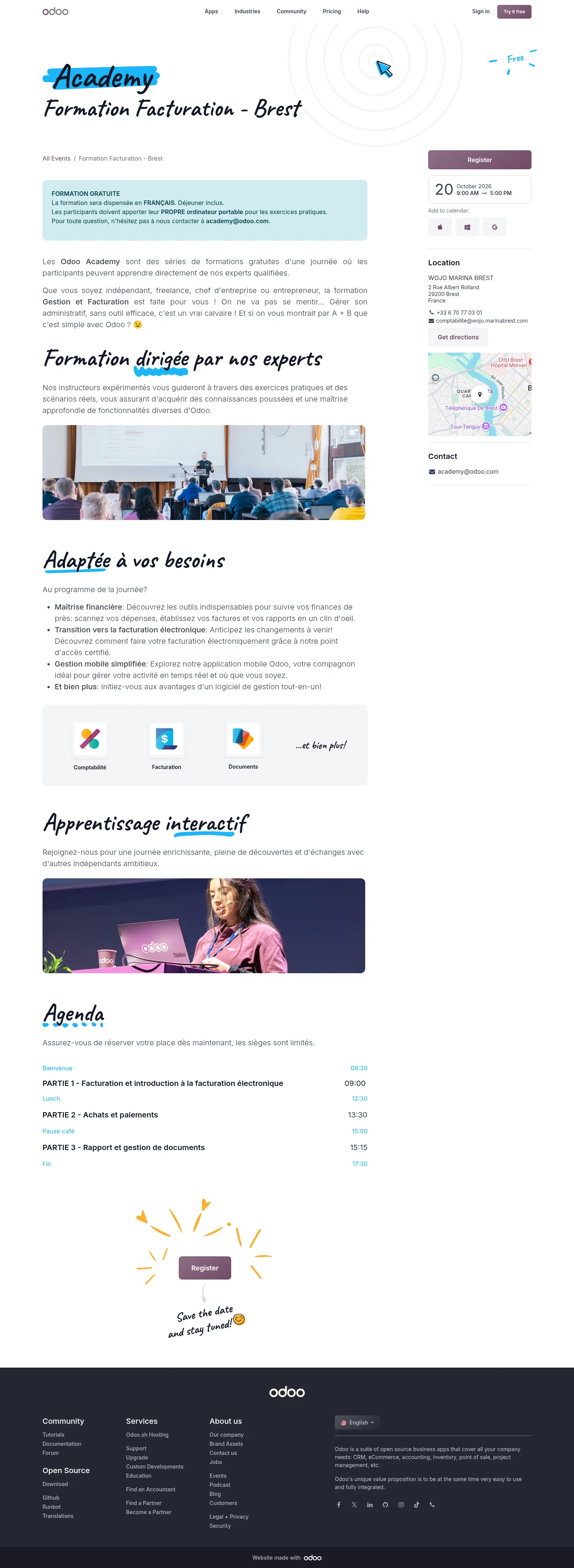 odoo.com/event/formation-facturation-brest-12356/register on desktop, full screenshot