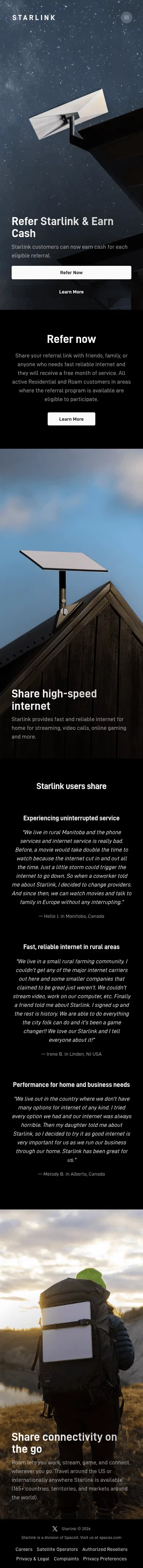 starlink.com/ca/referrals on mobile, full screenshot