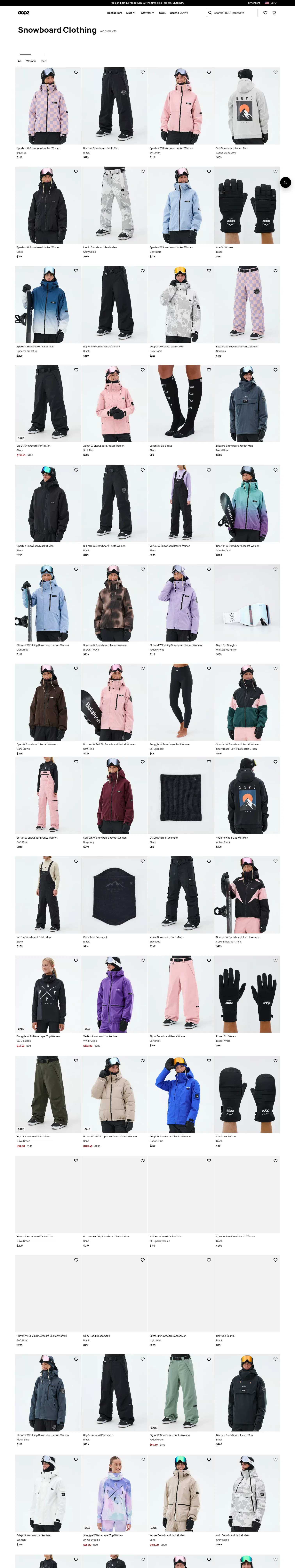 dopesnow.com/snowboard-clothing on desktop, full screenshot