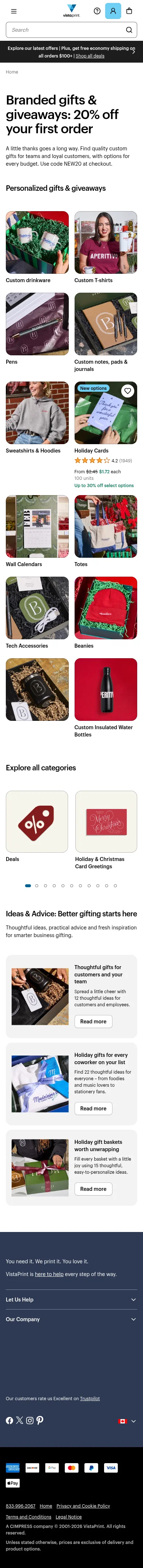 vistaprint.ca/business-holiday-gifting on mobile