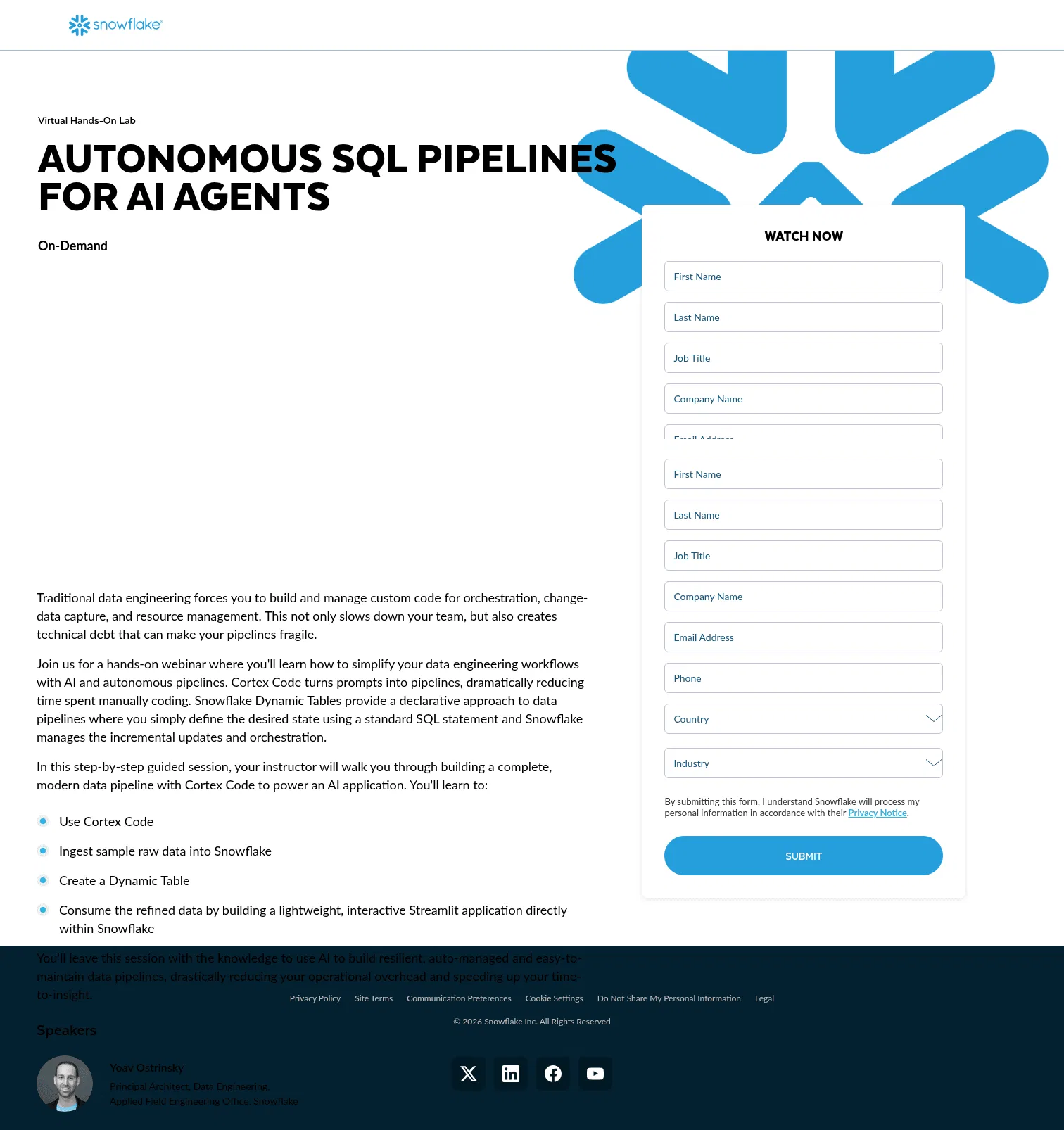 snowflake.com/en/webinars/virtual-hands-on-lab/autonomous-sql-pipelines-for-ai-agents-2026-09-22 on desktop, full screenshot