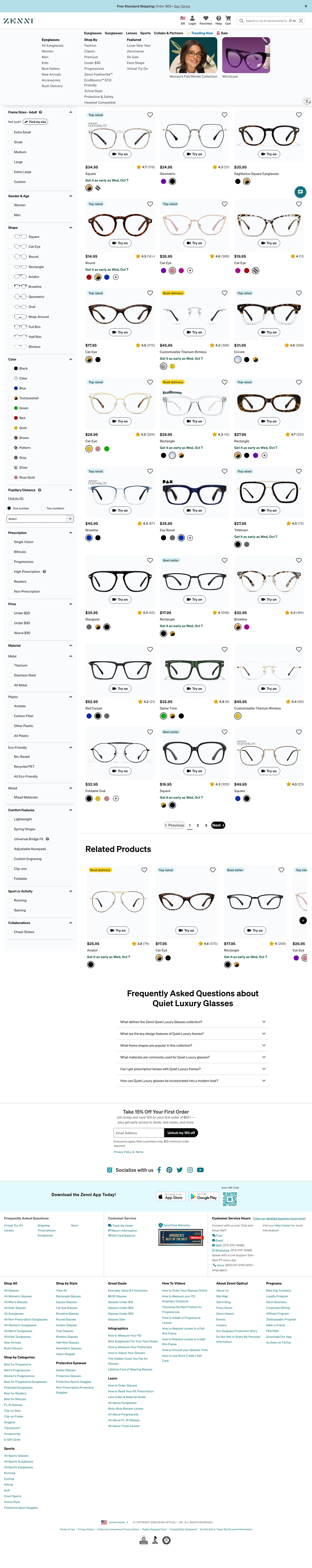 zennioptical.com/b/eyewear/quiet-luxury-glasses on desktop, full screenshot