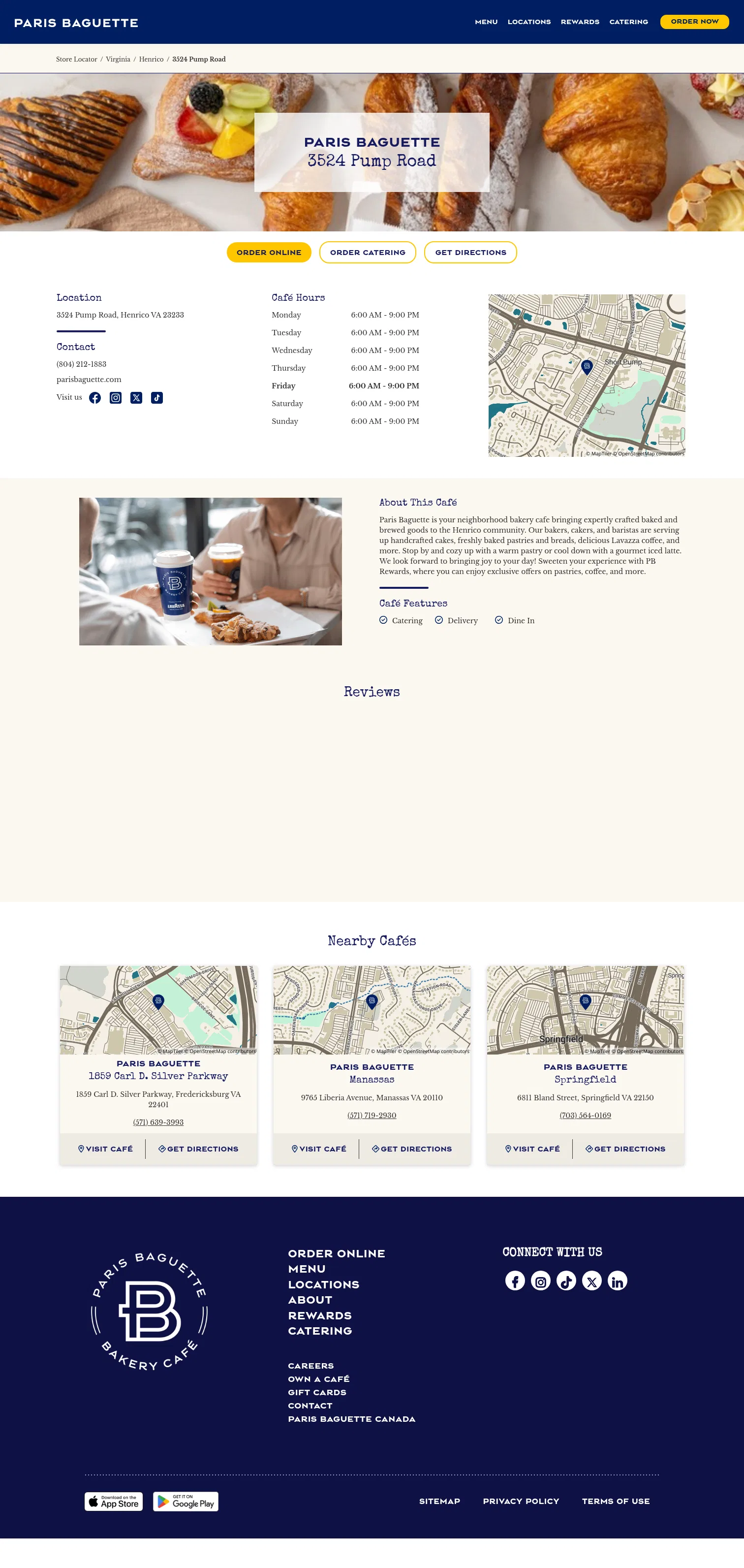 parisbaguette.com/locations/va/henrico/3524-pump-road on desktop, full screenshot