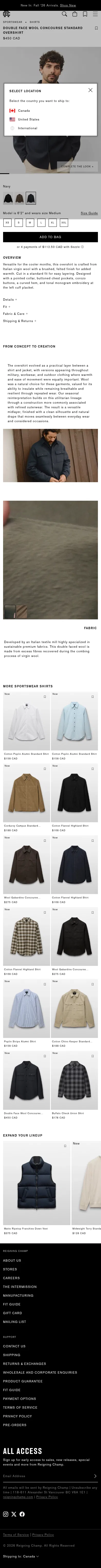 ca.reigningchamp.com/products/double-faced-wool-concourse-overshirt-navy on mobile, full screenshot