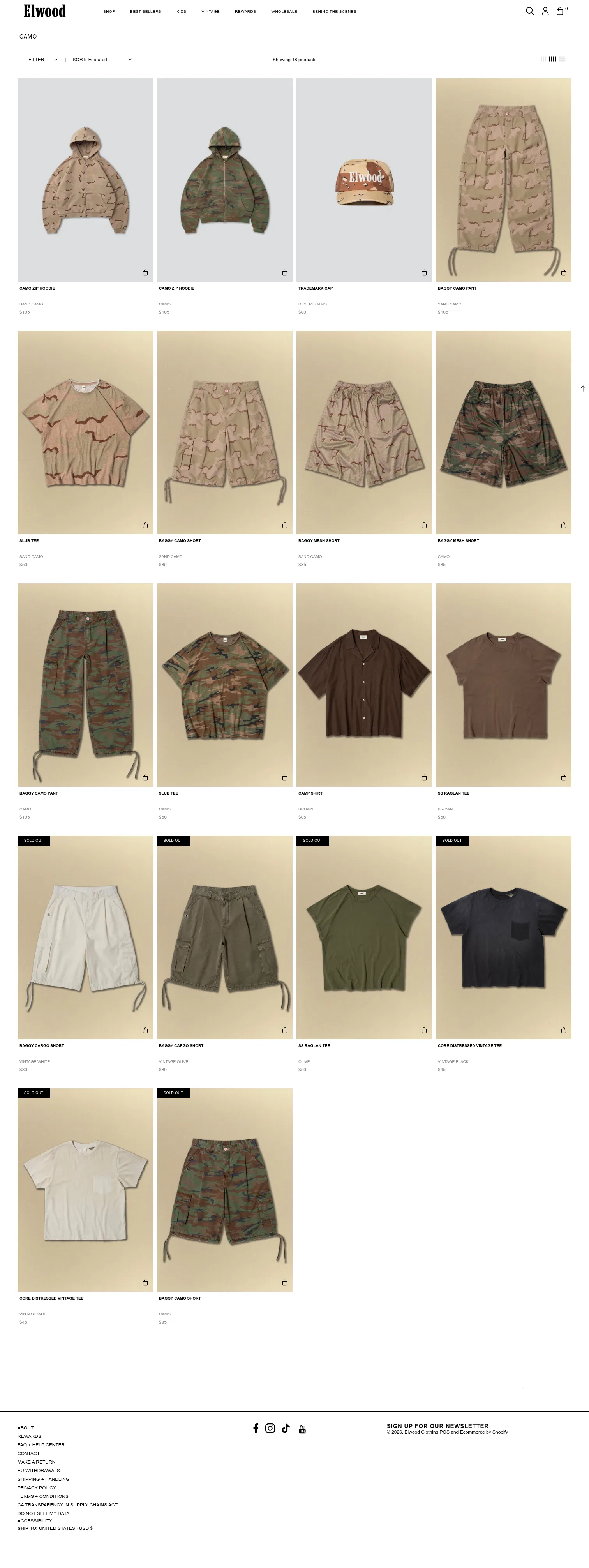 elwoodclothing.com/collections/camo on desktop, full screenshot