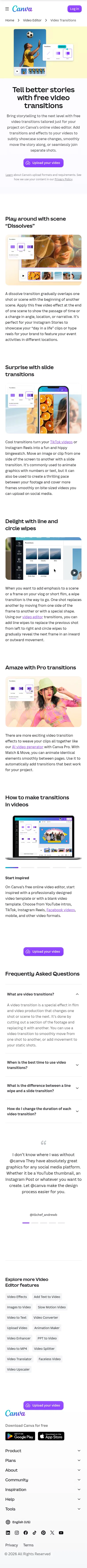 canva.com/features/video-transitions on mobile, full screenshot