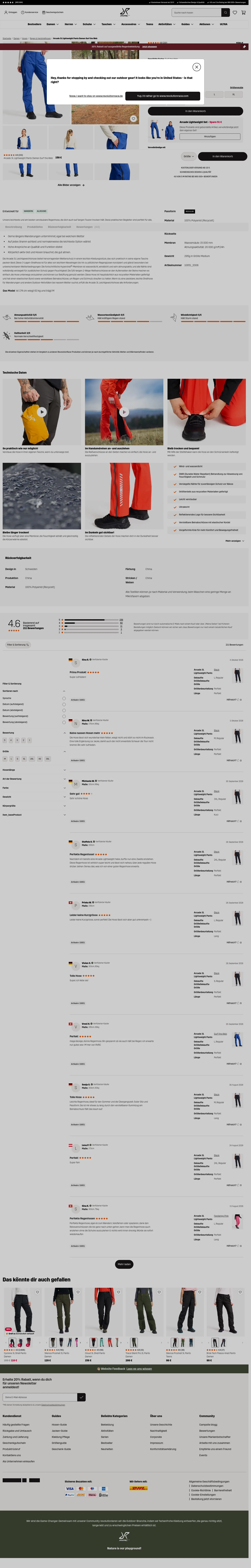revolutionrace.de/damen/hosen/shell-hosen/arcade-3l-lightweight-pants-women on desktop, full screenshot