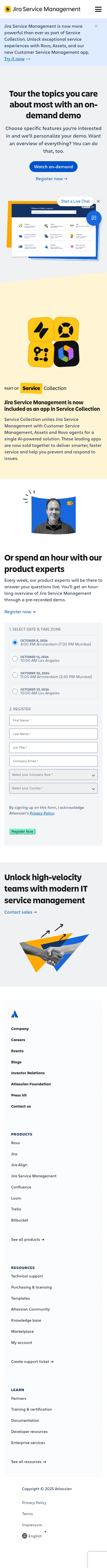atlassian.com/software/jira/service-management/demo on mobile, full screenshot