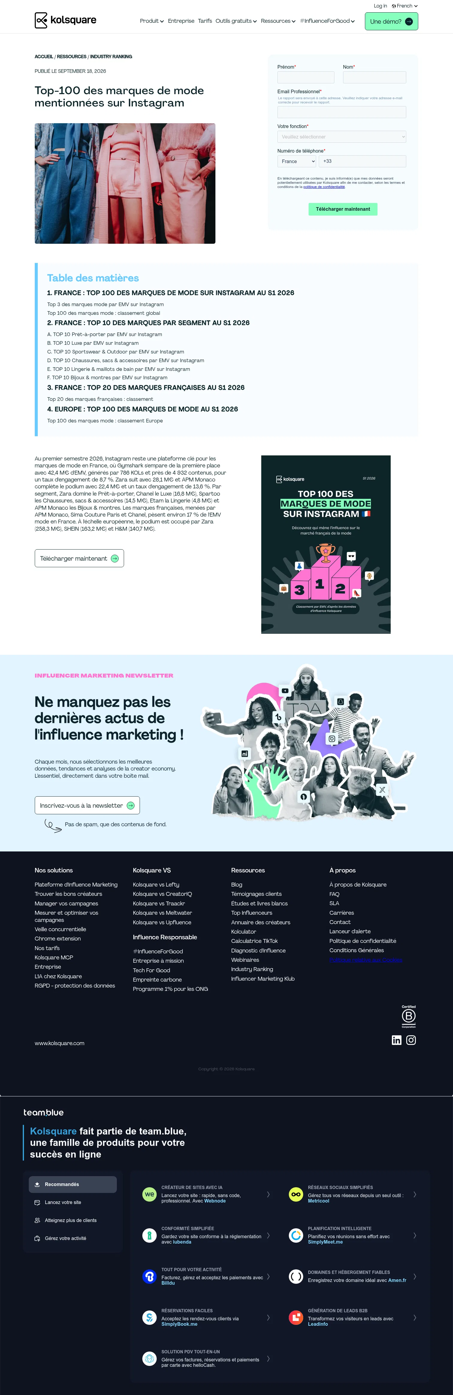 kolsquare.com/fr/industry-ranking/top-100-des-marques-de-mode-mentionnees-sur-instagram on desktop, full screenshot