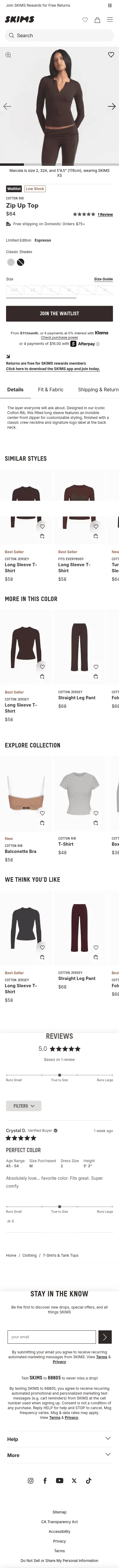 skims.com/products/cotton-rib-zip-up-top-espresso on mobile, full screenshot