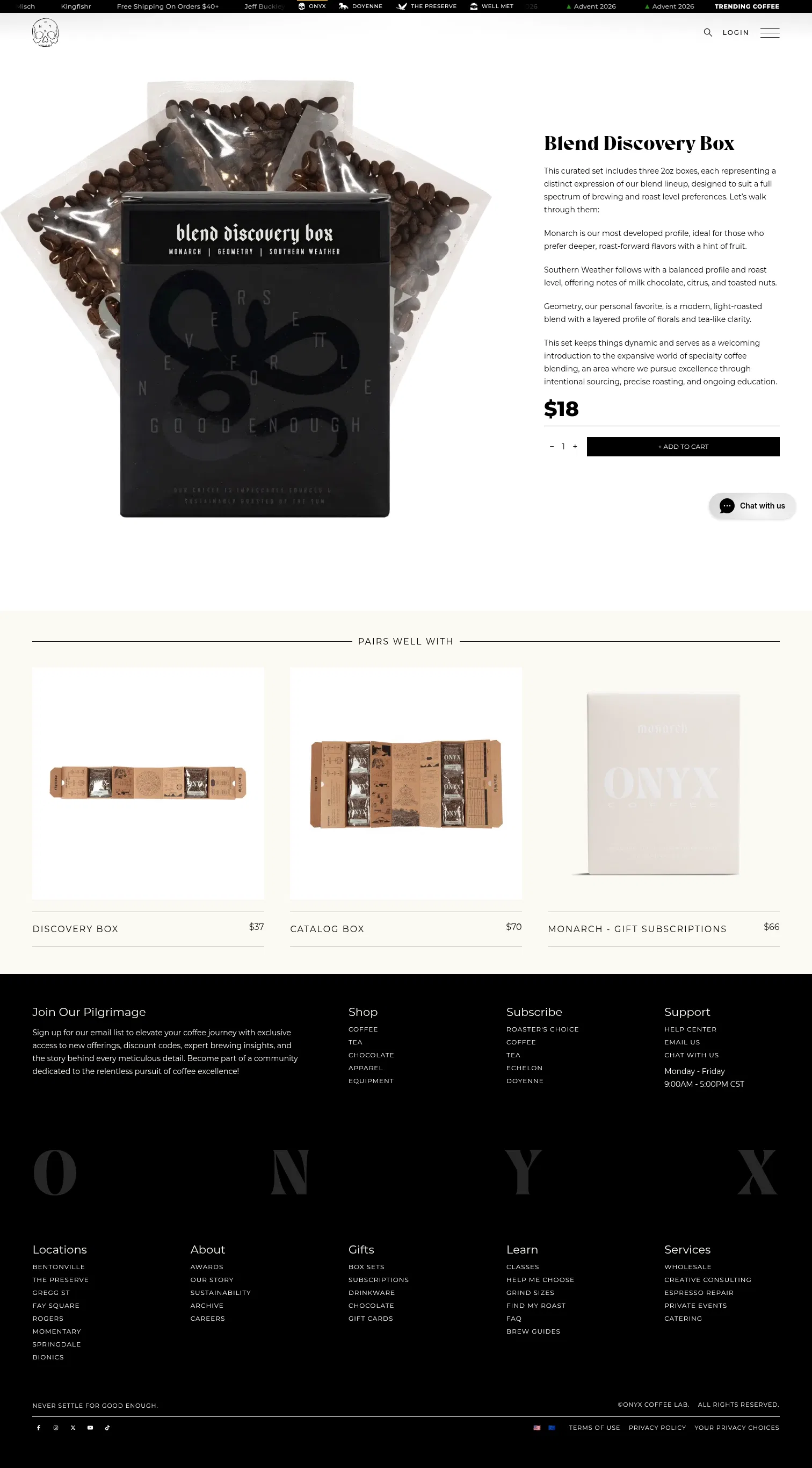 onyxcoffeelab.com/products/blend-discovery-box on desktop, full screenshot