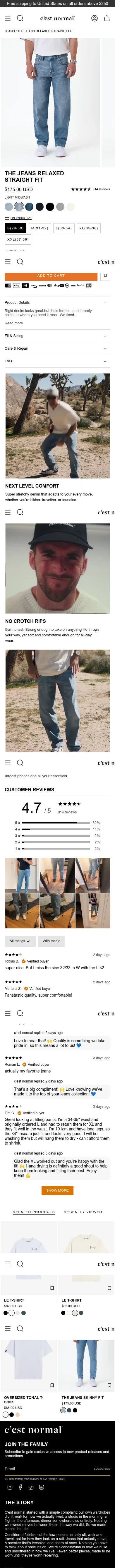 cestnormal.com/products/the-jeans-relaxed-straight-fit-light-midwash on mobile, full screenshot