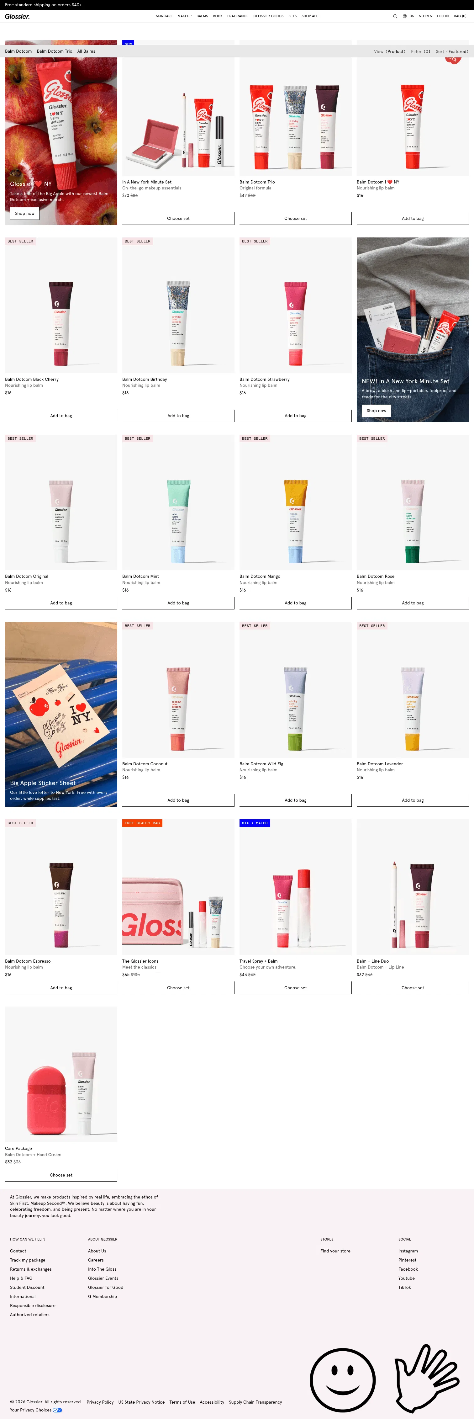uk.glossier.com/collections/balms on desktop, full screenshot