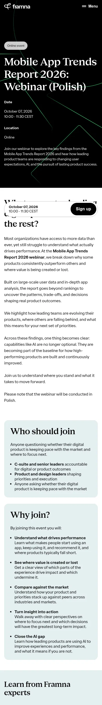 framna.com/mobile-app-trends-report-2026-webinar-pl on mobile, full screenshot