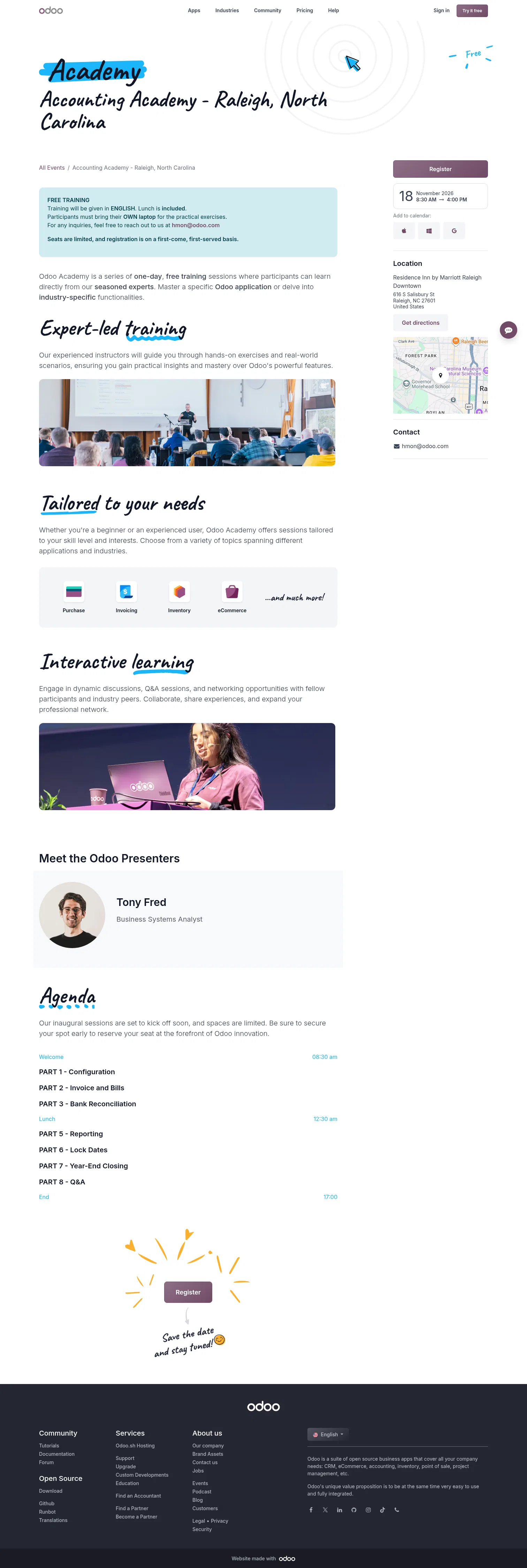odoo.com/event/accounting-academy-raleigh-north-carolina-9586/register on desktop, full screenshot