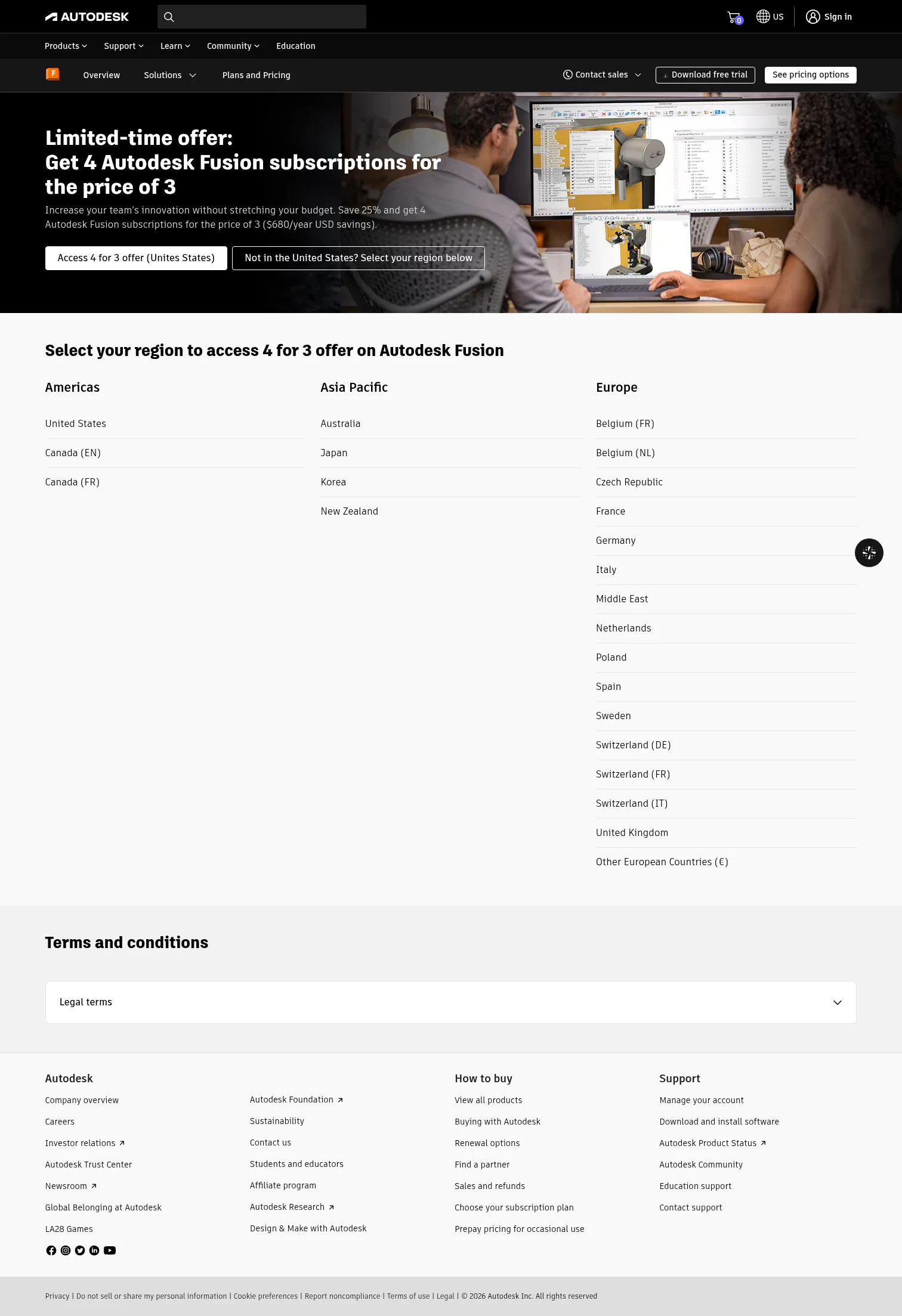 autodesk.com/campaigns/fusion-360/4-for-3-offer on desktop, full screenshot