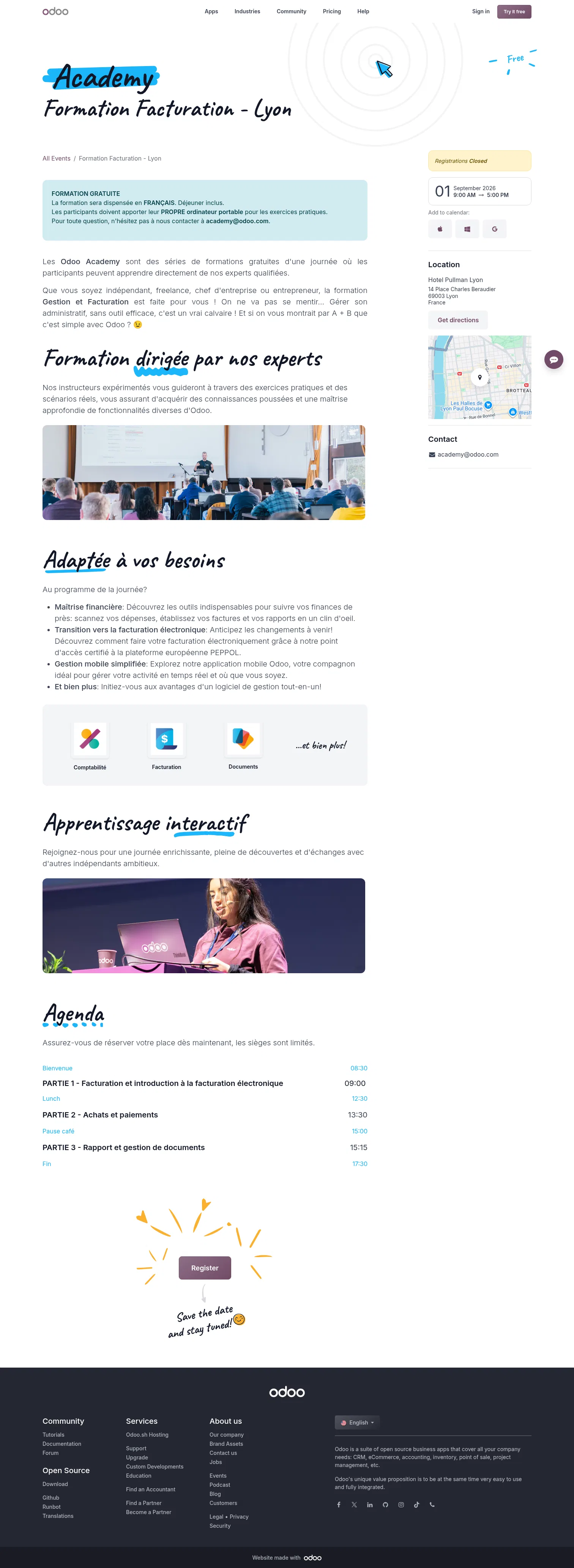odoo.com/event/formation-facturation-lyon-11776/register on desktop, full screenshot