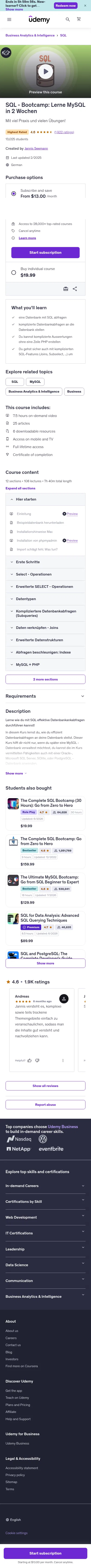 udemy.com/sql-bootcamp on mobile, full screenshot