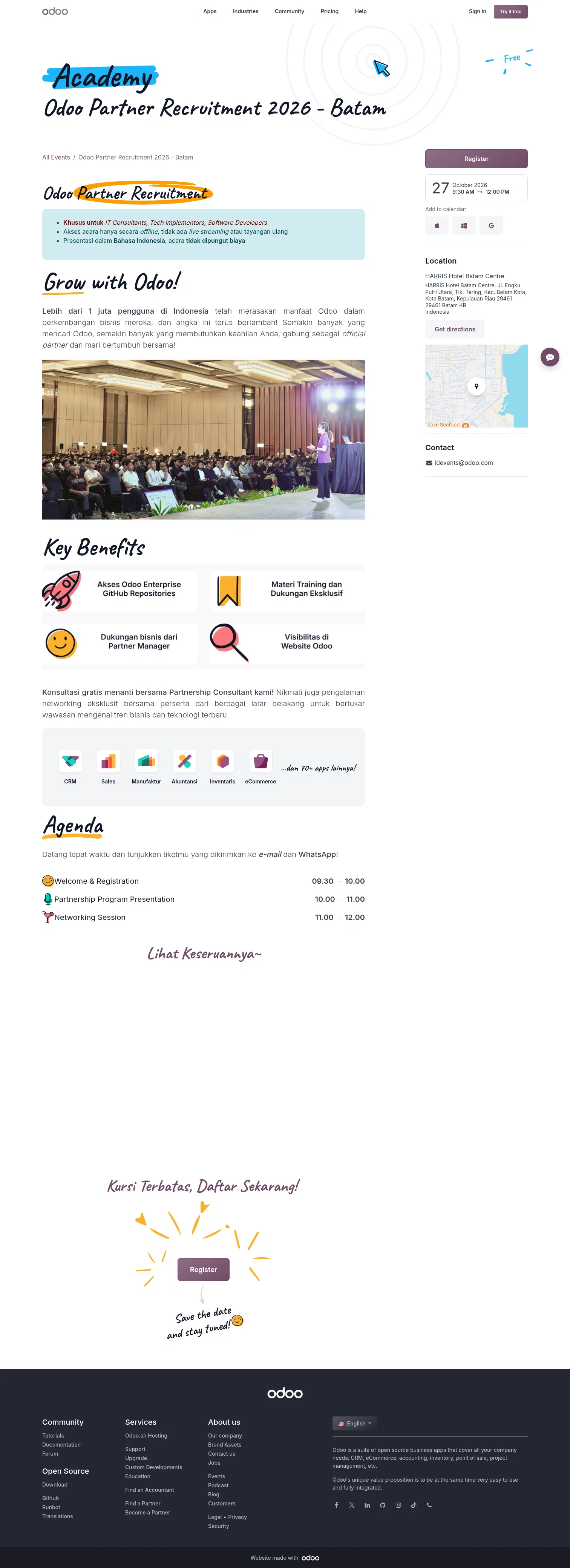 odoo.com/event/odoo-partner-recruitment-2026-batam-12435/register on desktop, full screenshot