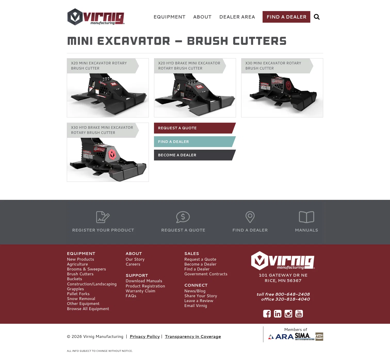 virnigmfg.com/mini-excavator/brush-cutters on desktop, full screenshot