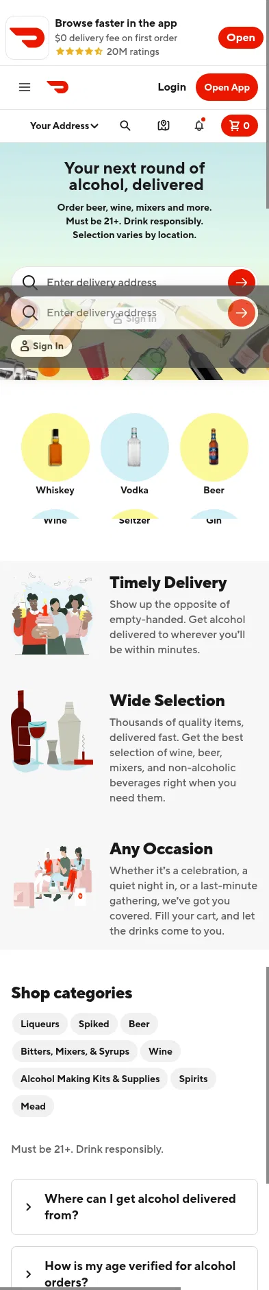 doordash.com/p/alcohol-delivery on mobile, full screenshot