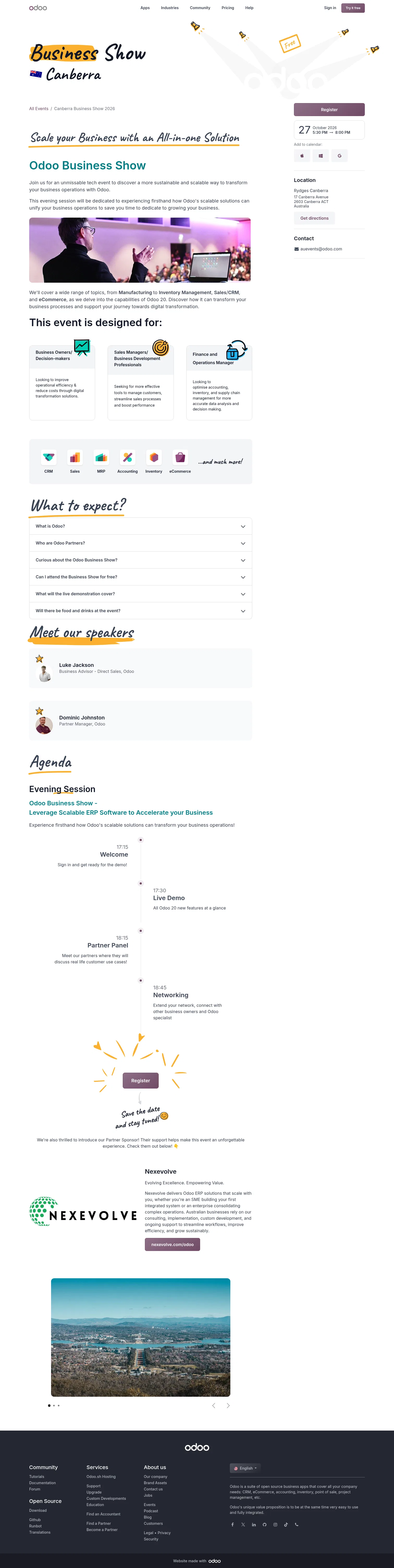 odoo.com/event/canberra-business-show-2026-12078/register on desktop, full screenshot