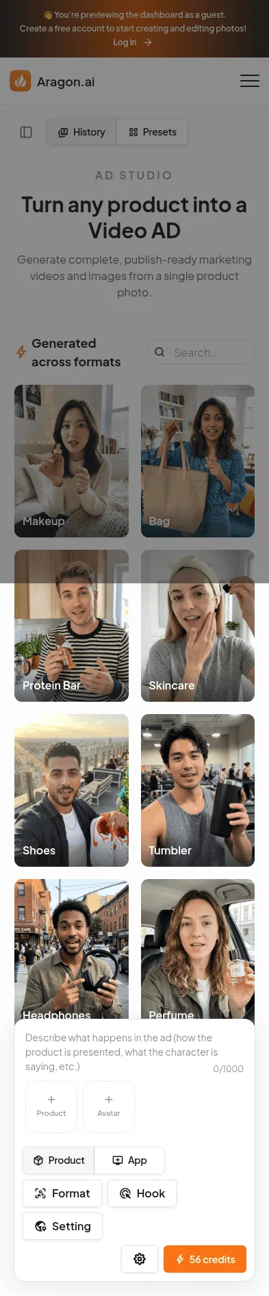 dashboard.aragon.ai/video/marketing on mobile, full screenshot