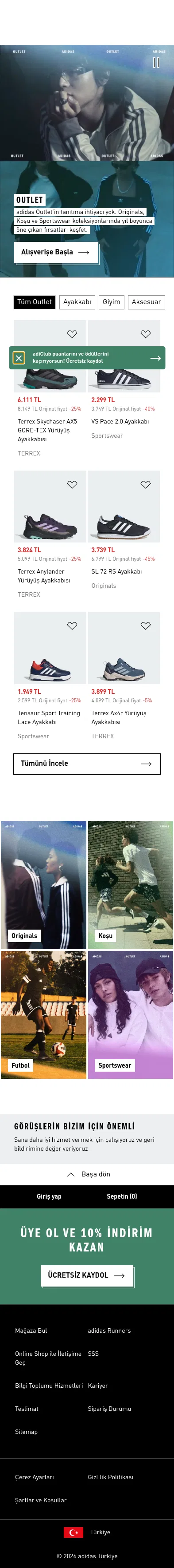 adidas.com.tr/tr/outlet on mobile, full screenshot