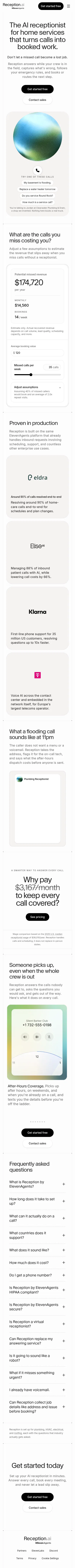 reception.ai/home-services on mobile, full screenshot