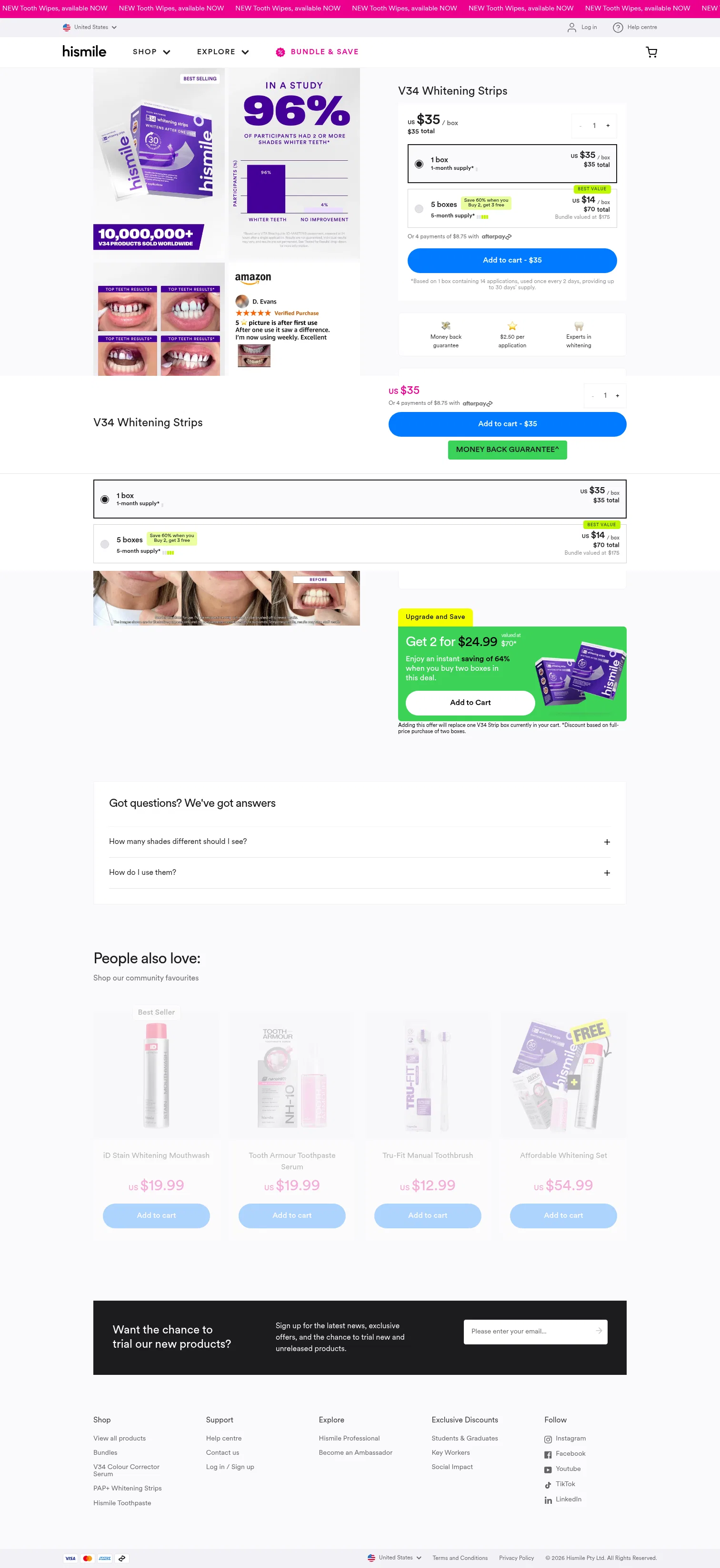 hismileteeth.com/products/v34-whitening-strips on desktop, full screenshot