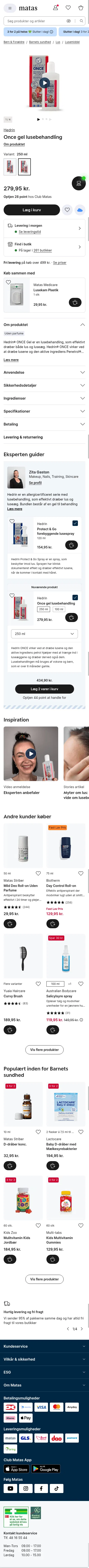 matas.dk/hedrin-once-250ml-allergy-certified-behandling on mobile, full screenshot