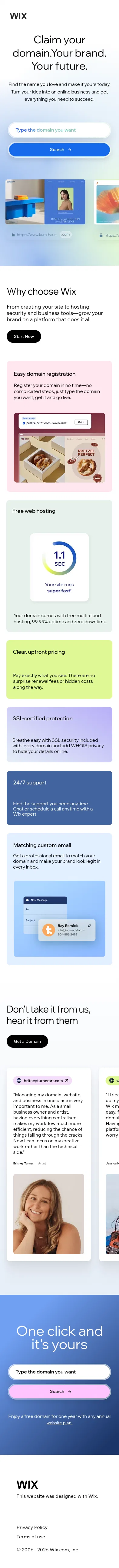 wix.com/lp-en/domain-now on mobile, full screenshot