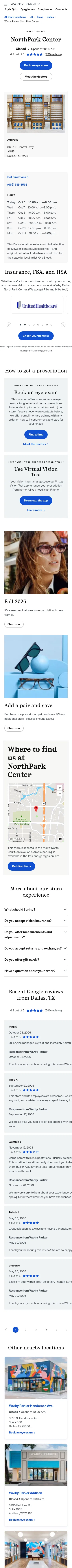 stores.warbyparker.com/tx/dallas/8687-n-central-expy on mobile, full screenshot