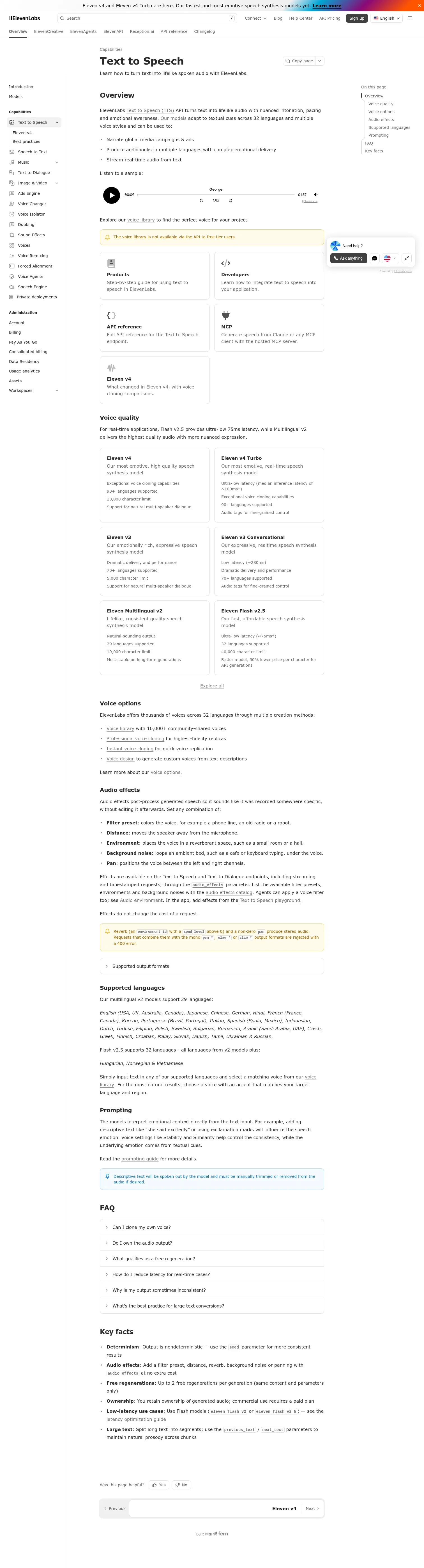 elevenlabs.io/docs/overview/capabilities/text-to-speech on desktop, full screenshot