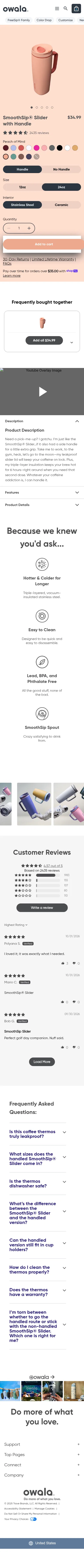 owalalife.com/products/smoothsip-slider-with-handle on mobile, full screenshot