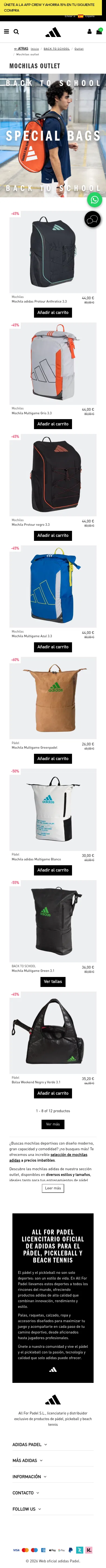 allforpadel.com/es/134-mochilas-outlet on mobile, full screenshot