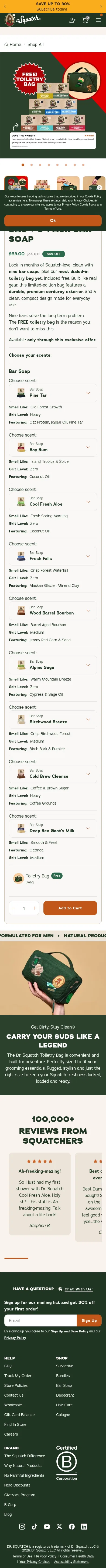 drsquatch.com/products/free-toiletry-bag-9-bar-soaps-nco on mobile, full screenshot