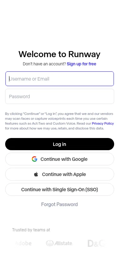 app.runwayml.com/settings/billing on mobile, full screenshot