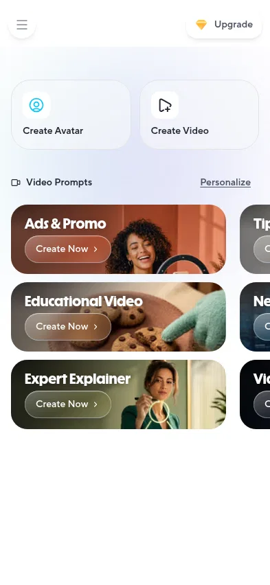 app.heygen.com/home on mobile, full screenshot