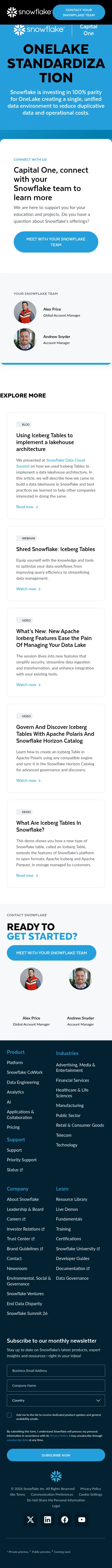 snowflake.com/en/abm/coe/capital-one---home/CapitalOne--OneLake-standardization on mobile, full screenshot