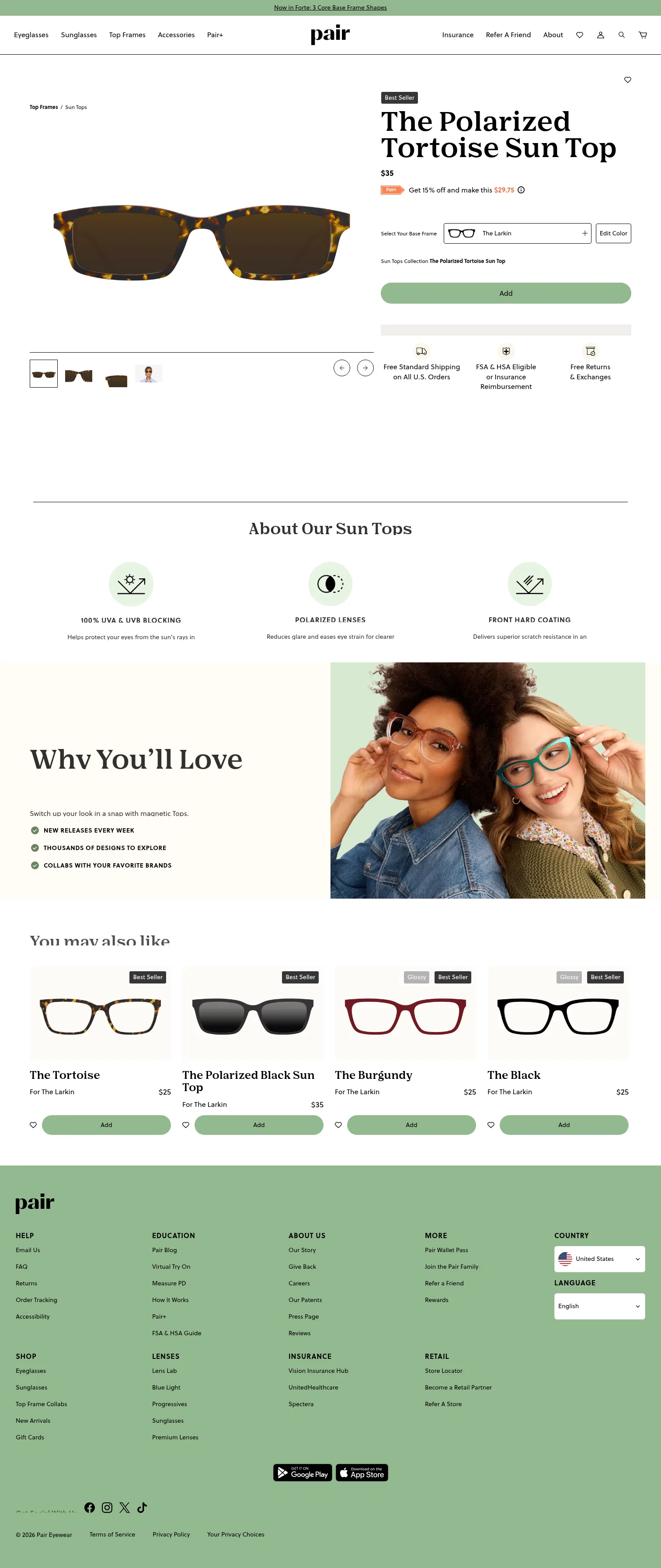 paireyewear.com/top-frames/sun-tops/the-tortoise-sun-top on desktop, full screenshot
