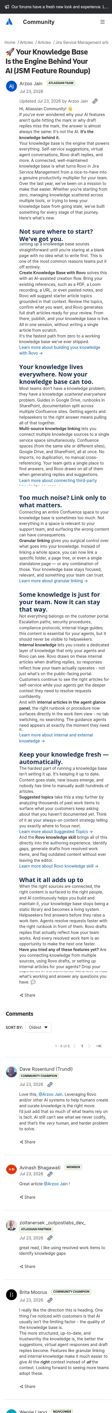 community.atlassian.com/forums/discussion/3266011/your-knowledge-base-is-the-engine-behind-your-ai-jsm-feature-roundup on mobile, full screenshot