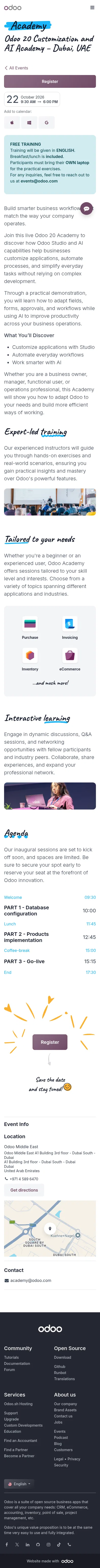 odoo.com/event/odoo-20-customization-and-ai-academy-dubai-uae-12195/register on mobile, full screenshot