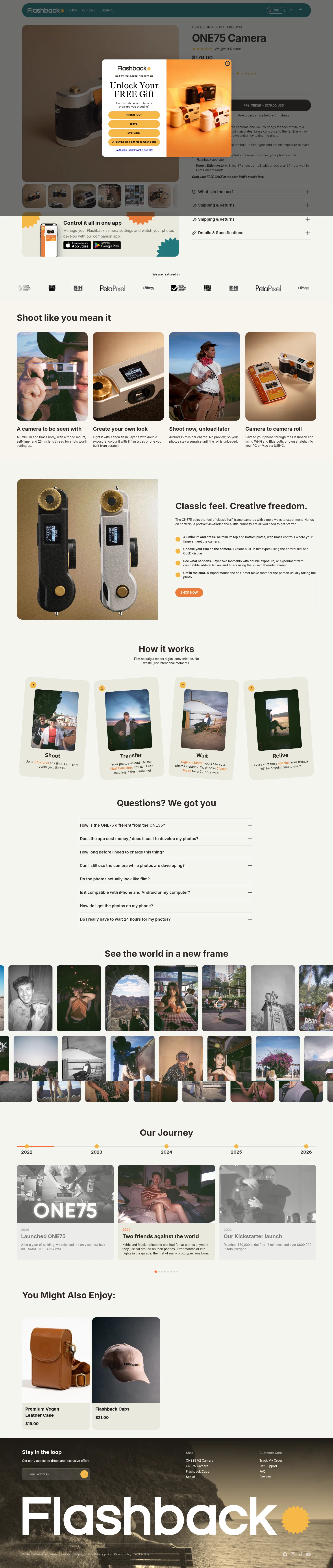 joinflashback.co/products/flashback-one75-camera on desktop, full screenshot